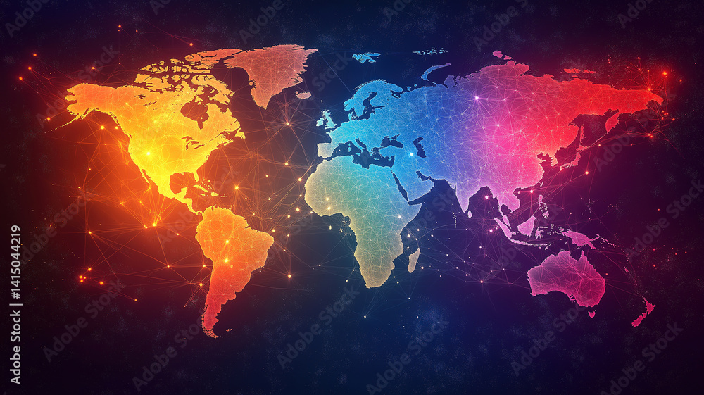 Fototapeta premium Global network connection and big data analytics concept with world map and digital business links