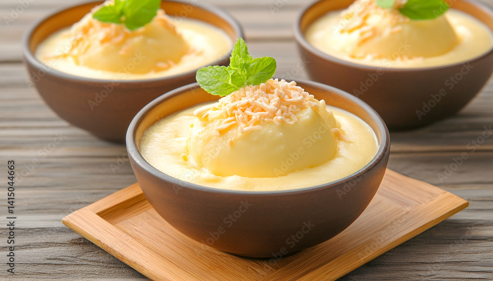 Creamy yellow dessert in bowls, garnished with grated topping and mint . Generative AI Creamy yellow dessert in bowls, garnished with grated topping and mint . Generative AI