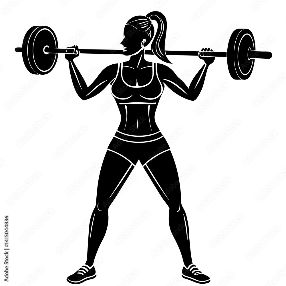 Obraz premium Line art vector silhouette of a woman person performing a power clean with a barbell 