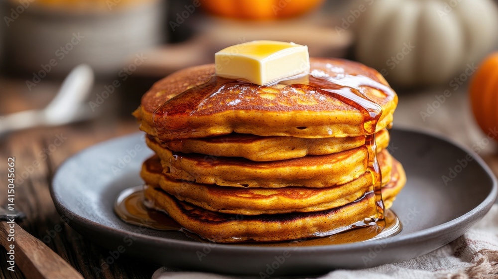 A stack of fluffy pancakes drizzled with syrup and topped with a pat of butter, showcasing a classic breakfast dish. A stack of fluffy pancakes drizzled with syrup and topped with a pat of butter, showcasing a classic breakfast dish.