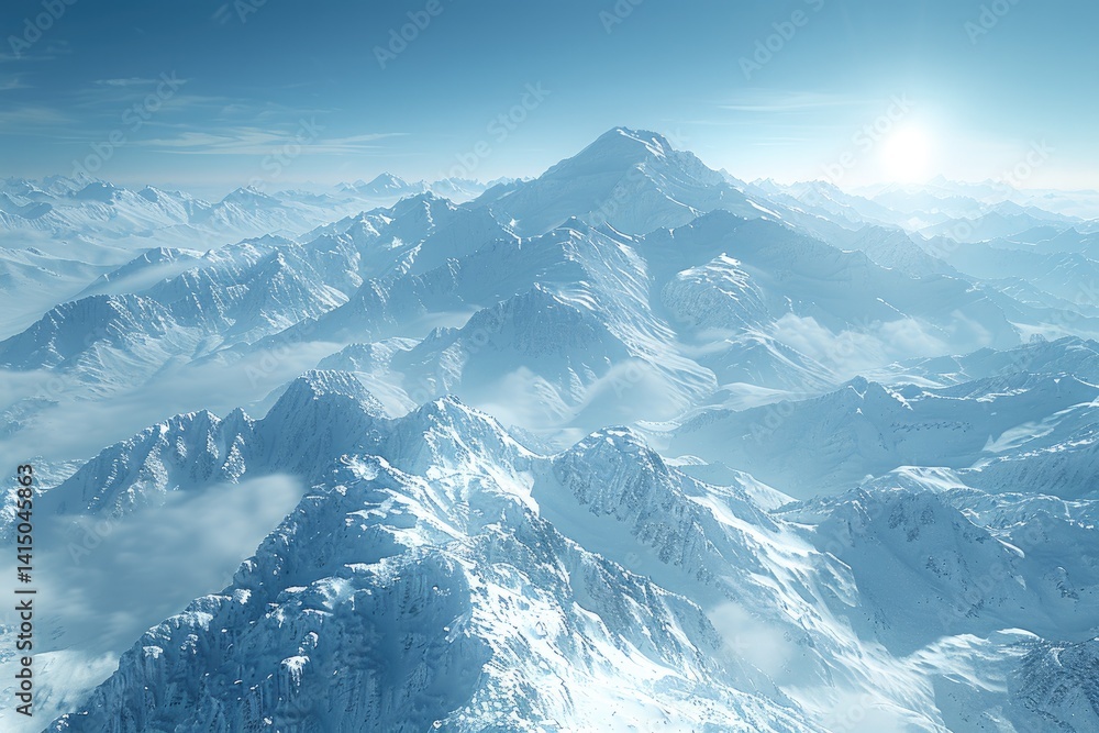 breathtaking mountain range with snow-capped peaks under a clear blue sky