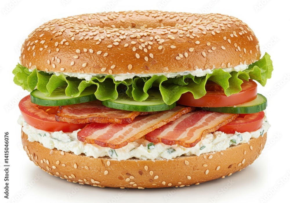 A bagel sandwich with bacon lettuce tomato and cream cheese filling isoleted on white background A bagel sandwich with bacon lettuce tomato and cream cheese filling isoleted on white background