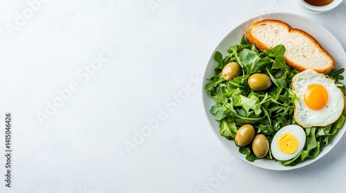 Wallpaper Mural Healthy breakfast plate with sunny-side-up egg, crisp greens, olives, rustic bread presenting nutritious morning meal Torontodigital.ca