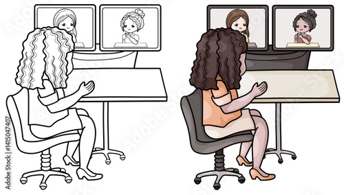 Vector illustration of a virtual online meeting for International Women's Day, in coloring style, isolated on a white background.