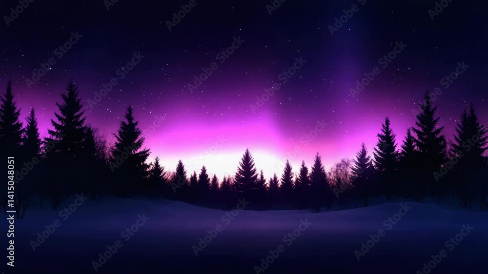 Purple northern lights in night winter coniferous forest Purple northern lights in night winter coniferous forest