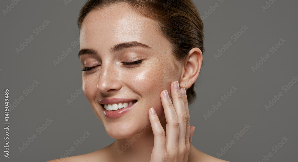 Radiant Skin: Portrait of a Smiling Woman with Freckles, Closed Eyes, and Glowing Complexion - Beauty, Wellness, and Skincare Focus Radiant Skin: Portrait of a Smiling Woman with Freckles, Closed Eyes, and Glowing Complexion - Beauty, Wellness, and Skincare Focus