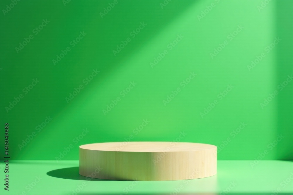 Light Wooden Round Display Platform on a Vibrant Green Background with Subtle Shadowing Light Wooden Round Display Platform on a Vibrant Green Background with Subtle Shadowing