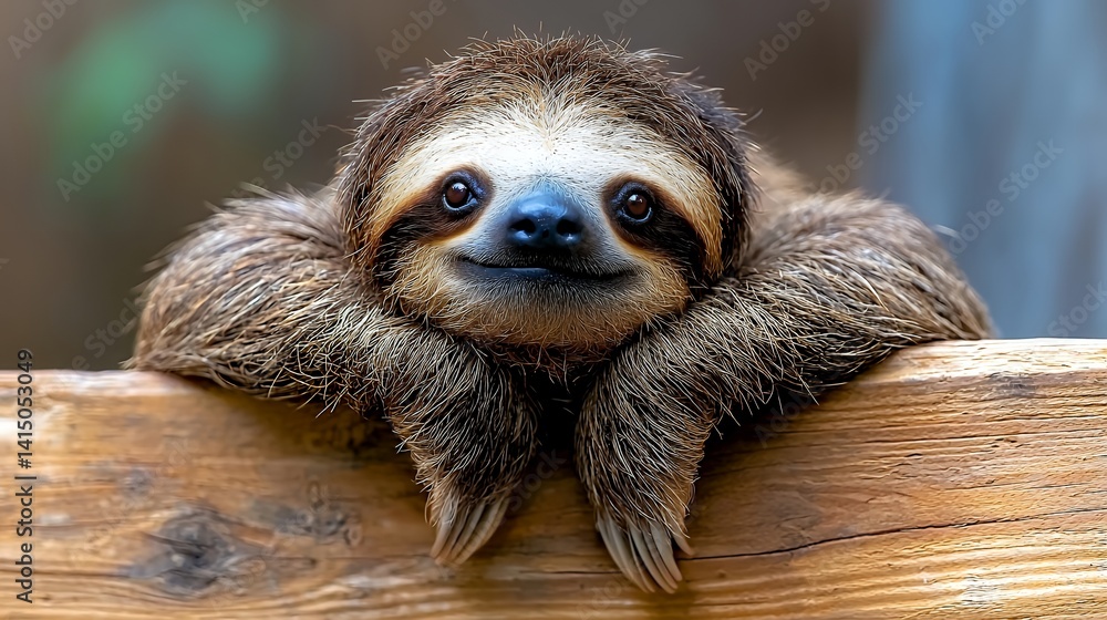 Fototapeta premium Peaceful sloth on a wooden plank