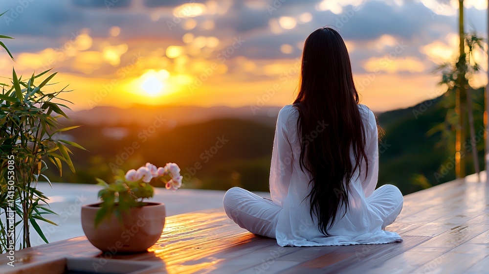 Fototapeta premium Peaceful sunset meditation by a mountain view