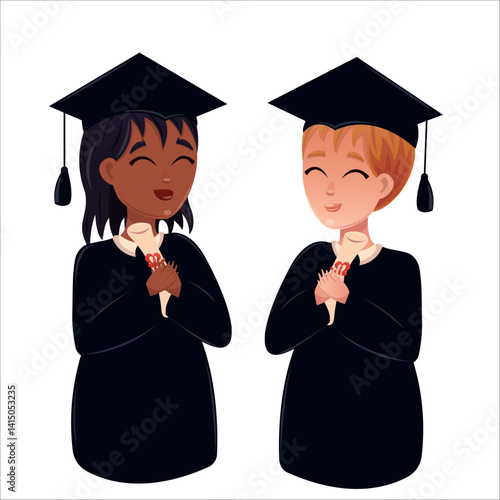 Happy graduates in colleges and universities, students in academic gowns. Celebrating graduation day.