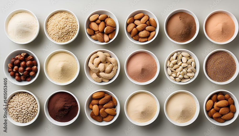 nuts and protein powder in a bowl on white background nuts and protein powder in a bowl on white background