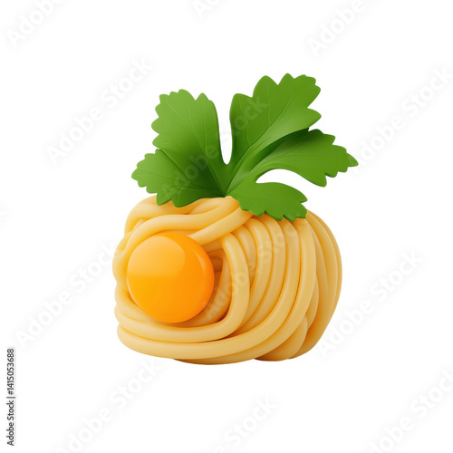 Creative food styling whimsical noodle dish with egg studio art. Isolated on transparent background, png.
