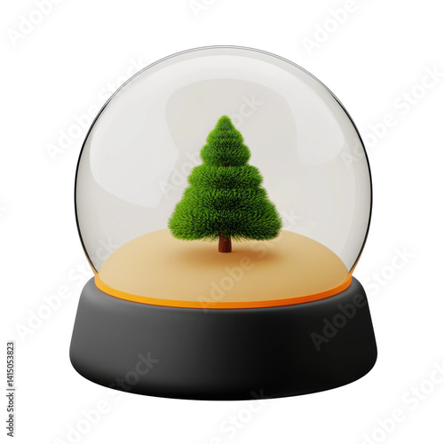 Winter scene snow globe with christmas tree cozy home 3d art. Isolated on transparent background, png.