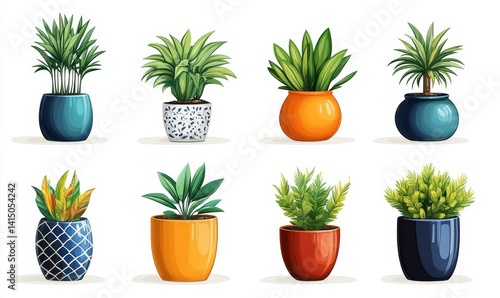 collection Set of different styles of retro vantage and modern vase and interior plants pots furniture cutouts isolated on white background - Generative AI