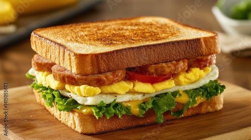 Wallpaper Mural A sandwich with egg, tomato, and greens on toasted bread, placed on a wooden board, presenting a hearty and delicious meal. Torontodigital.ca