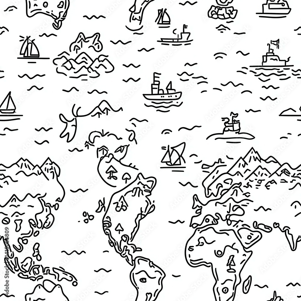 Obraz premium Illustrated world map with playful maritime scenes and fanciful landscapes.