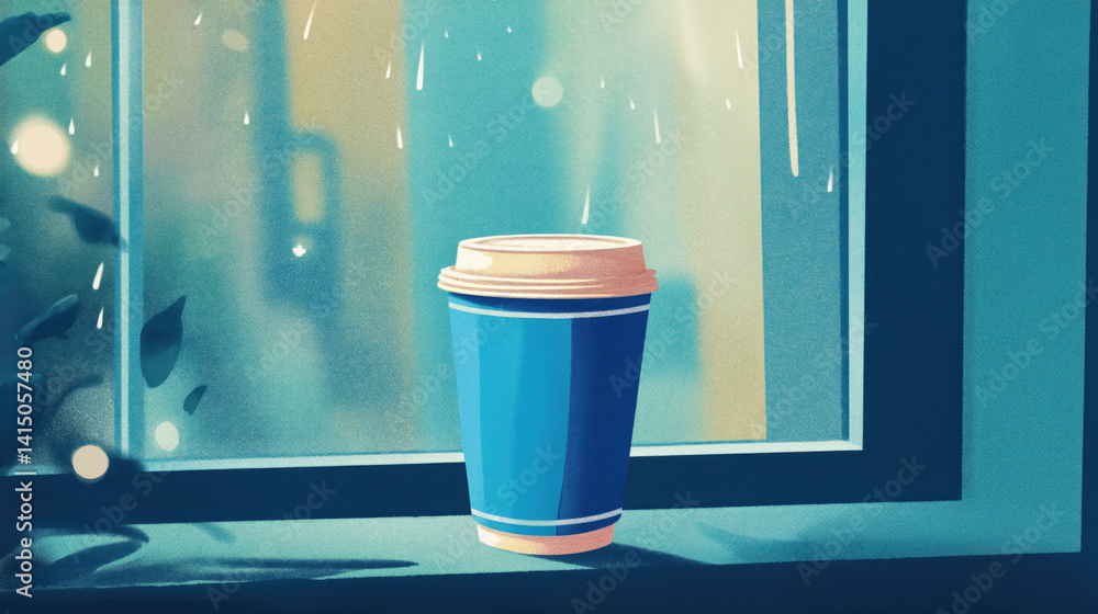 Warm coffee cup resting on a window sill as rain falls outside on a cozy afternoon, cartoon illustration.