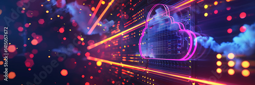 Futuristic cloud computing concept with glowing neon cloud symbol integrated into digital data streams and network lines on dark background with bokeh lights.
