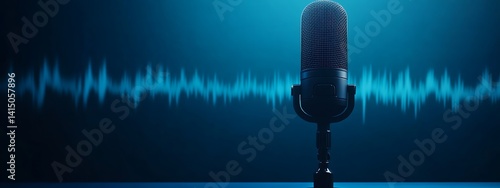 Microphone with waveform on blue background, broadcasting or podcasting banner