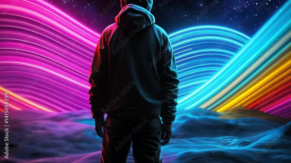 Neon Dreamscape: A lone figure, shrouded in shadow, stands before a vibrant dreamscape of swirling neon lights, a surreal scene that evokes feelings of wonder and mystery. Neon Dreamscape: A lone figure, shrouded in shadow, stands before a vibrant dreamscape of swirling neon lights, a surreal scene that evokes feelings of wonder and mystery.