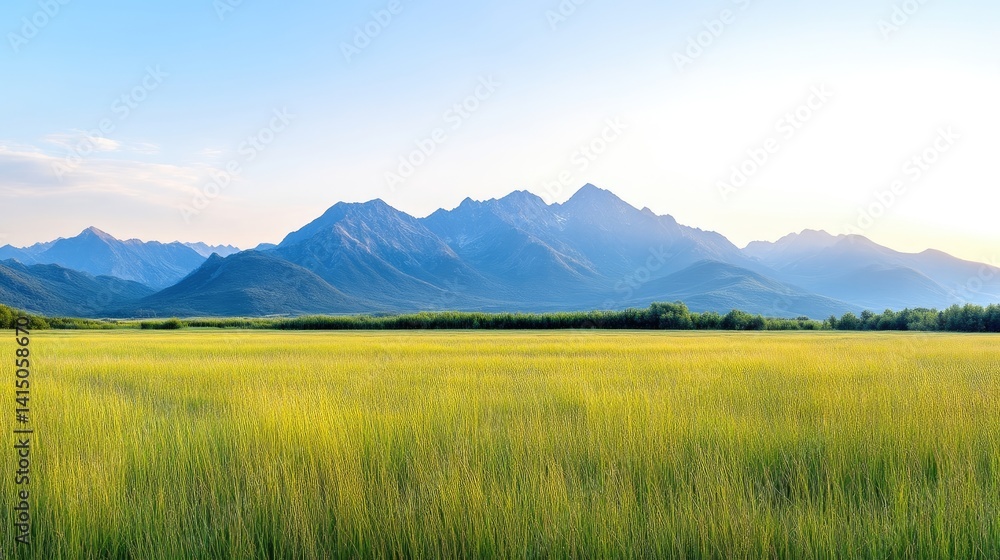 Obraz premium Serene mountain meadow landscape at dawn. Lush golden grasses stretch towards distant, hazy mountains under a pale blue sky