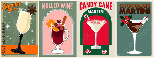 Cocktails retro poster set. Mulled Wine, Candy Cane, Chocolate Martini, Eggnog  Burbon. Holidays alcohol drinks. Vintage style vector illustrations, bar, pub, restaurant, kitchen wall art print