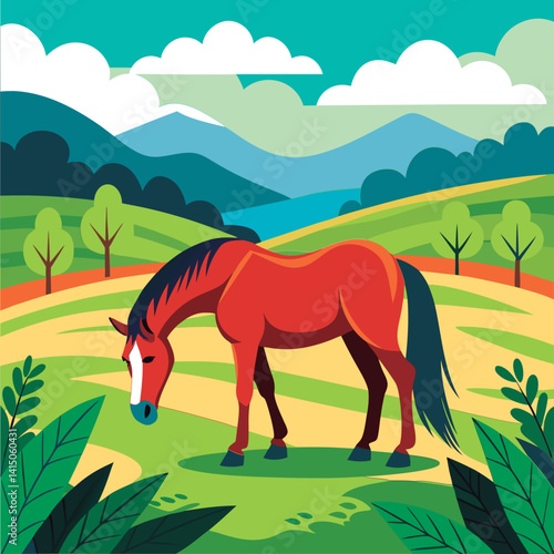 Peaceful horse grazing in a scenic meadow.