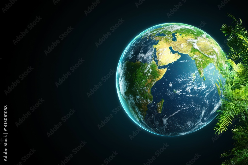 A vibrant view of Earth with lush greenery in the foreground, depicting harmony with nature. A vibrant view of Earth with lush greenery in the foreground, depicting harmony with nature.