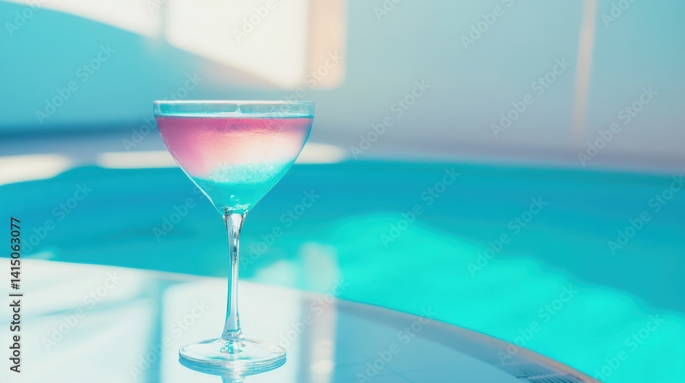 a colorful layered cocktail in a martini glass placed on the edge of a swimming pool, glowing in soft sunlight