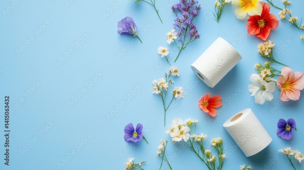 two white toilet paper rolls arranged among colorful summer flowers on a bright blue background