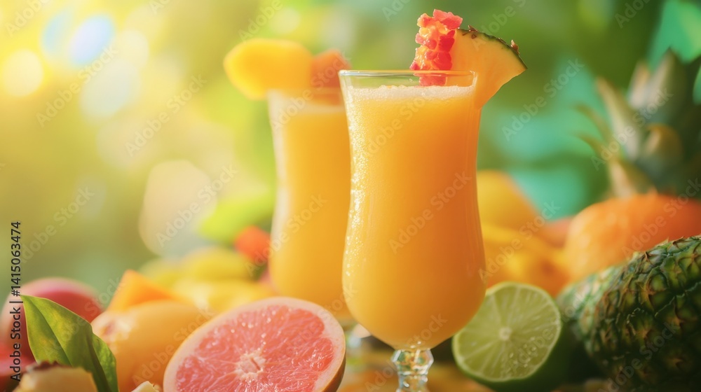 two tall glasses of tropical orange juice garnished with pineapple and fruit pieces, surrounded by fresh fruits