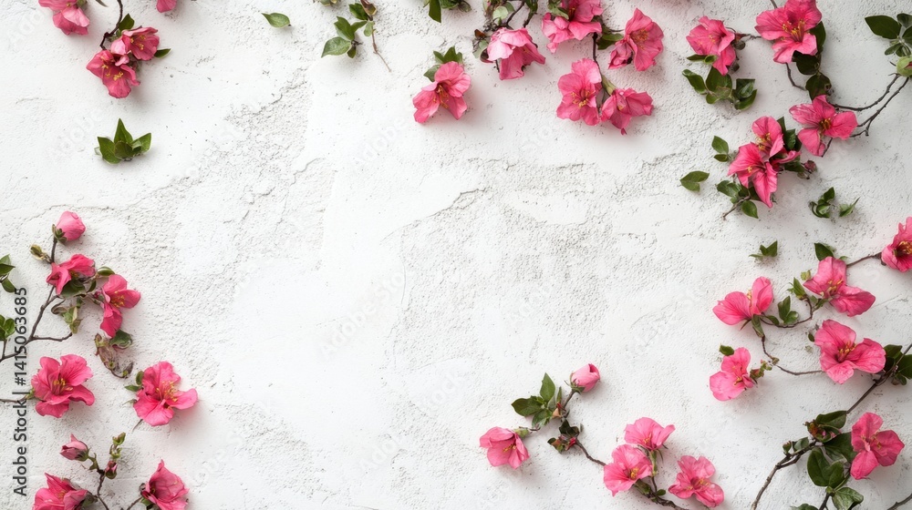pink flowers and green leaves artistically arranged around the edges of a textured white concrete wall