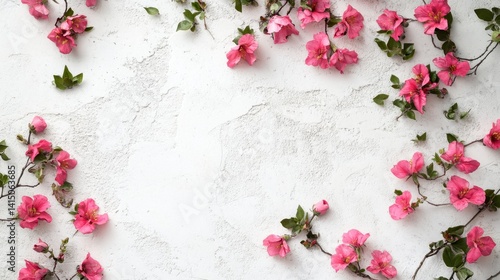 Obraz na płótnie pink flowers and green leaves artistically arranged around the edges of a textured white concrete wall w salonie