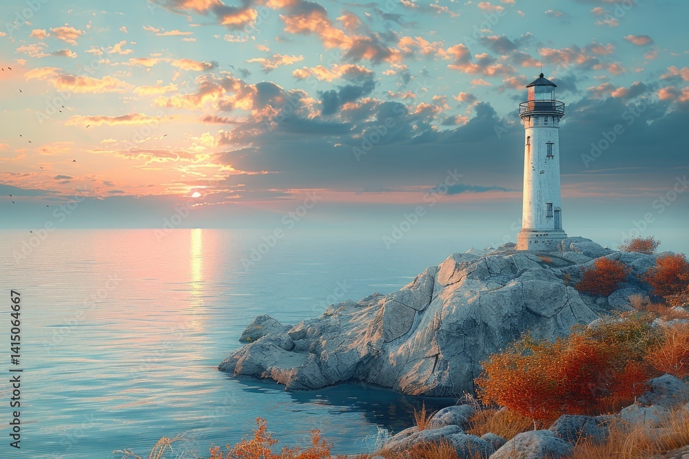 peaceful coastal scene with a lighthouse standing tall on a rocky outcrop