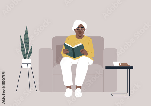 A senior woman sitting in a peaceful living room, deeply engaged in reading her favorite books