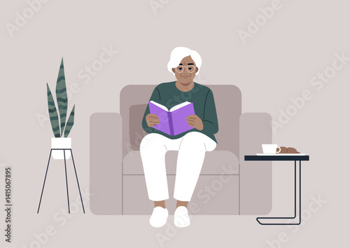 A senior woman sitting in a peaceful living room, deeply engaged in reading her favorite books
