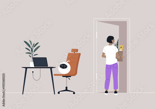 An upset professional leaves an office as a robot takes their place—symbolizing white-collar automation and the quiet replacement of human roles by AI in modern workplaces