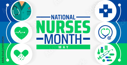 National Nurses Month background banner or poster design template. observed every year in May. Holiday concept. Use to any Template, card, poster, placard, template.