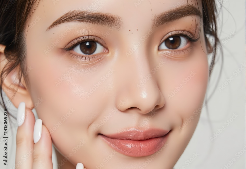 Obraz premium Cosmetic ad image featuring a young woman with shiny black hair and soft makeup looking at camera in white space