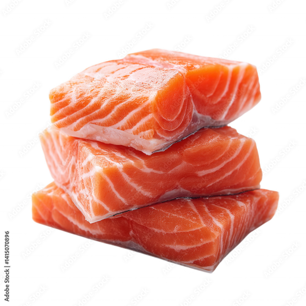 Fresh Stacked Raw Salmon Meat Clean Cut Fillets on Transparent Background Fresh Stacked Raw Salmon Meat Clean Cut Fillets on Transparent Background