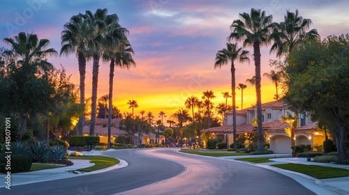 Luxury residential street with stunning mansions and palm trees at dusk