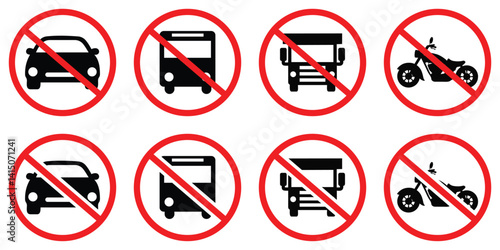 Set of no parking road warning signs. No cars entry, the red circle sing. Vector illustration.