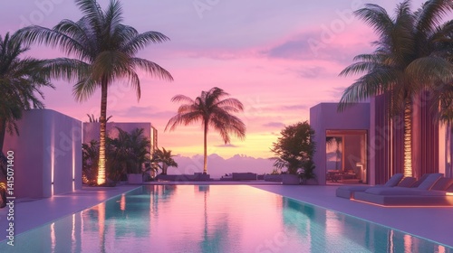 Luxury tropical villa with palm trees and a tranquil infinity pool at dusk