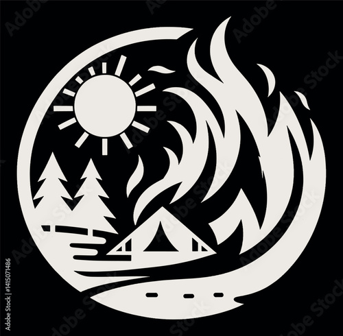 Black and white fire illustration.