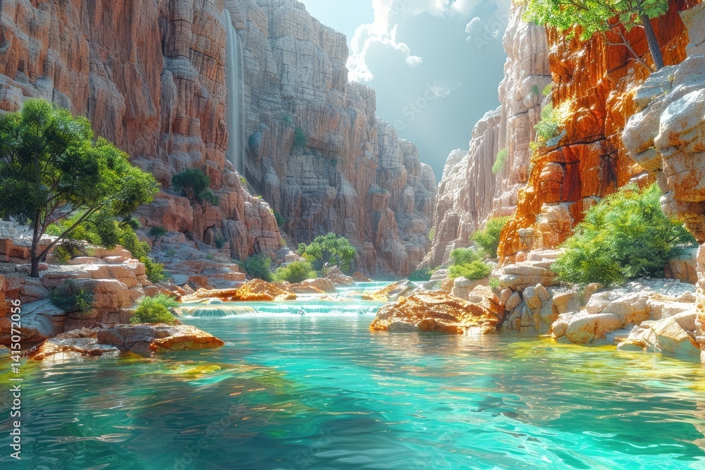 picturesque river flowing through a canyon with steep, colorful rock walls