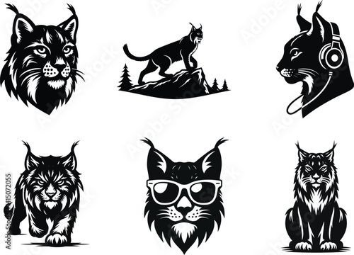 Wild Animal Iberian Lynx Cat Silhouette Set