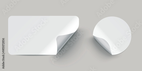 Set of realistic yellow white labels with shadow on transparent background.
