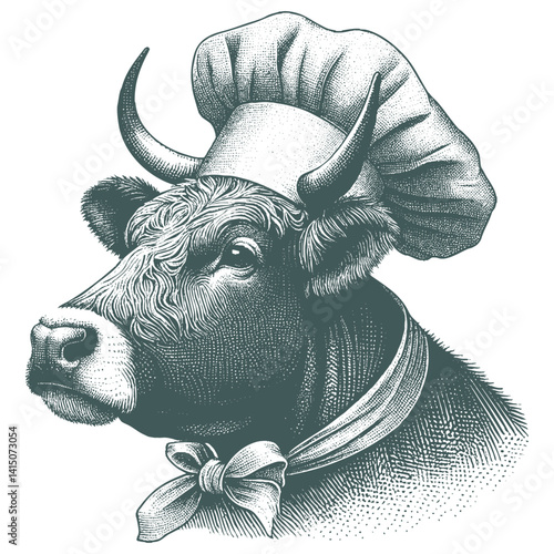 Vintage Cow Chef Illustration, Black and White Engraving Style