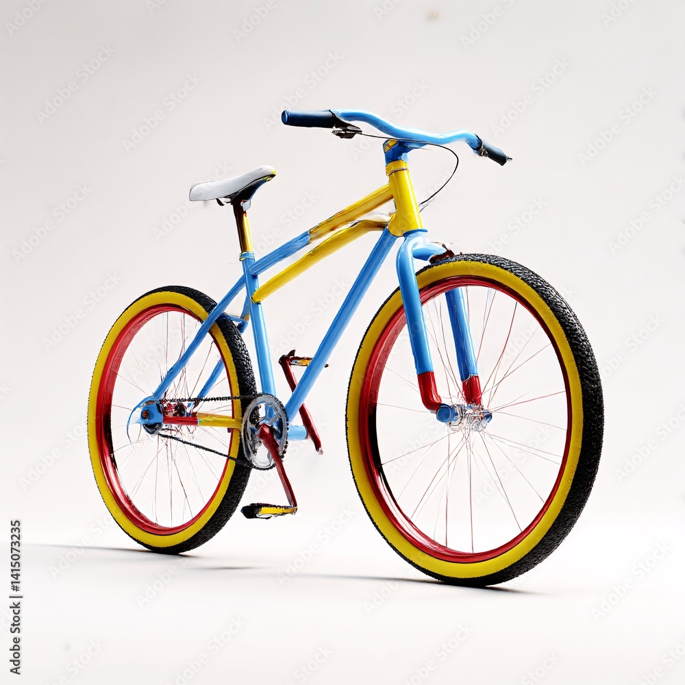 Fototapeta premium Colorful Bicycle with Blue Frame, Yellow Accents, and Red Rims