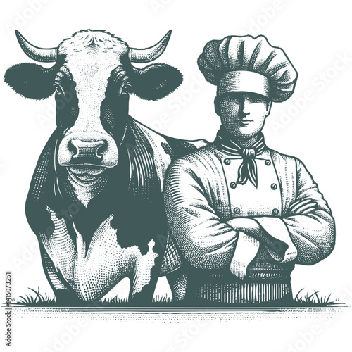 Vintage Cow Chef Illustration, Black and White Engraving Style